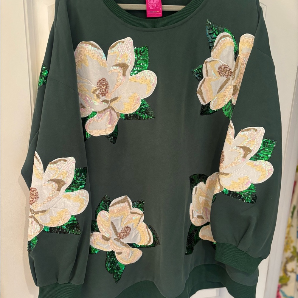 Queen of Sparkles Dark Green Magnolias Sweatshirt Sz XXL